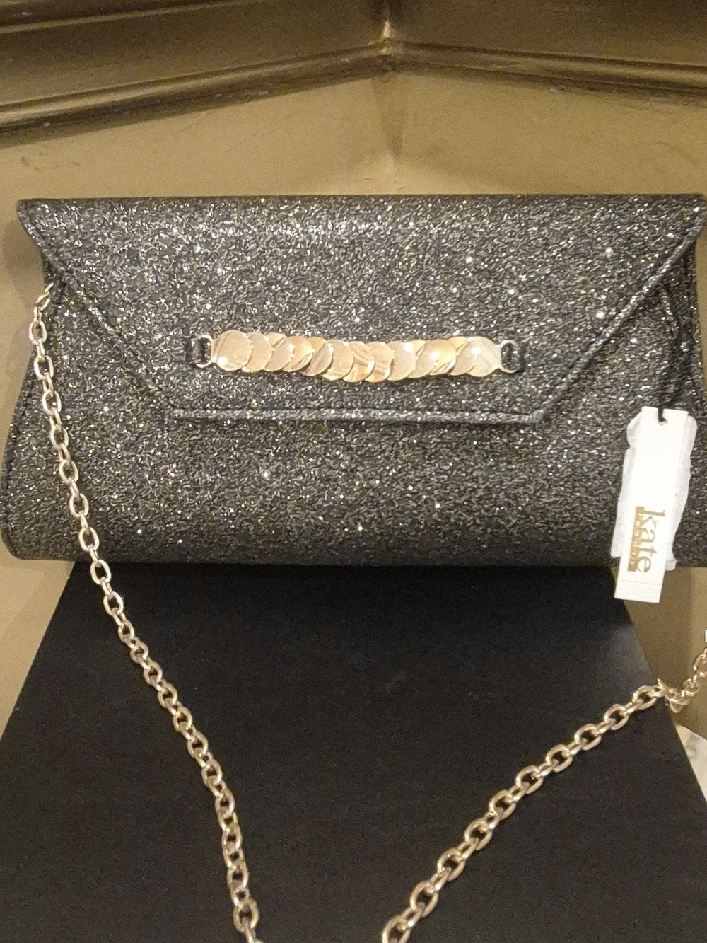 kate spade Black Glitter Envelope Clutch with Gold Chain